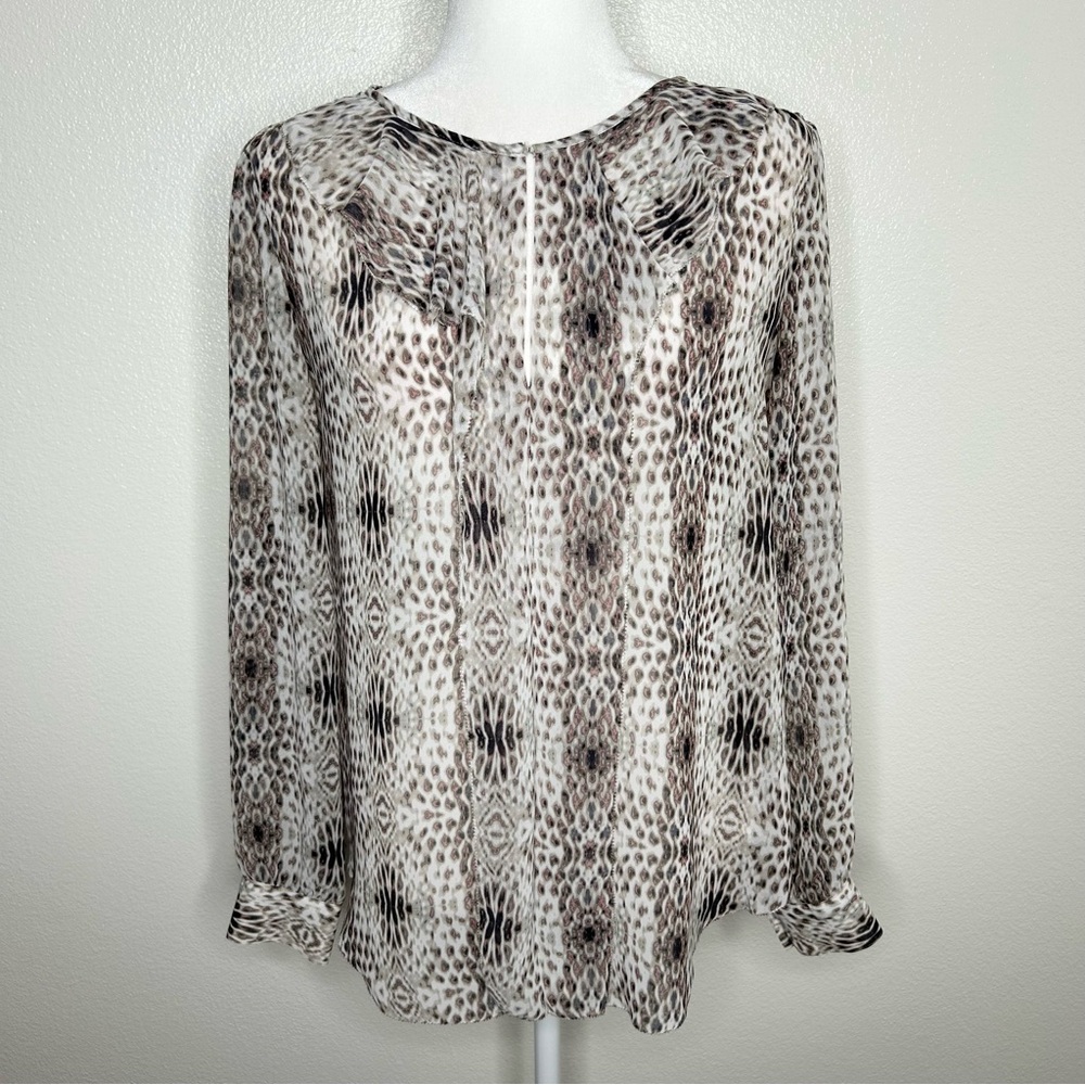 Joe Fresh Womens Animal Print Ruffled Chiffon Long Sleeve Blouse Top Size S EUC